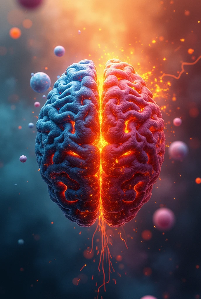 Abstract environment with warm and cool colors mixed together and a brain and a heart