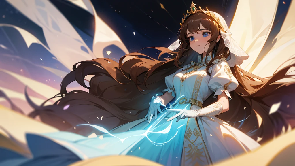 In the middle of the war, a princess uses her magic to protect her allies, and empower her troops. Her aura glows admist the darkness of the war as she prays, girl with long brown hair, an elaborate light blue ballgown, light blue eyes, long white embroidered gloves, a princess's tiara, enormous puffy sleeves, golden embroidery, flower details, long train, lots of lace and frills, a white ribbon in her hair, a royal cape, jewelry, reaching out towards you.