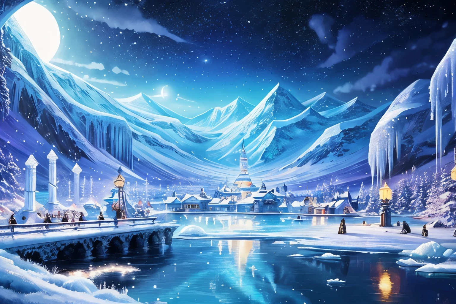 A background inspired by the midnight ice world、penguin、Dream Painting、Fantasy、masterpiece、Very detailed、Great art、Atmospheric anime、Detail enhancements、