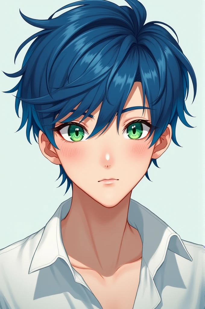 a handsome teenager, high, intelligent, bump with blue hair and emerald green eyes, White shirt