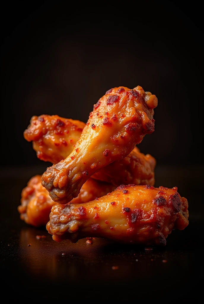 Generates an image of too many delicious BBQ chicken wings that are 2 for 1. The background should be black and the colors warm