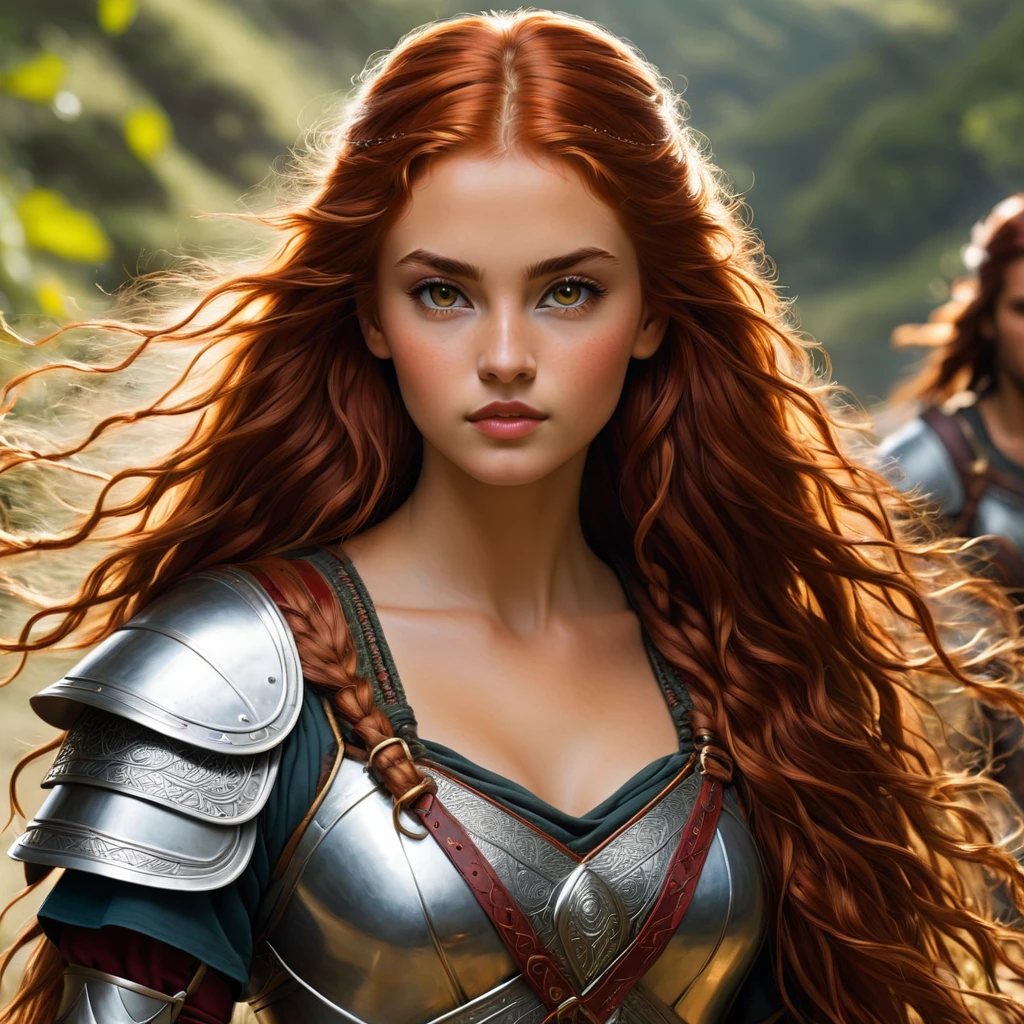 an image Nayane Laura Menequel XX weeks 13, a beautiful young woman with a friendly warrior appearance, detailed light honey eyes, long red hair, walking