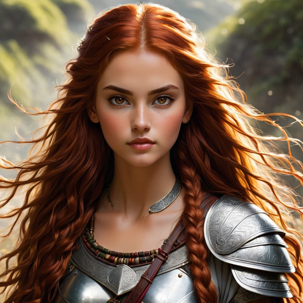 an image Nayane Laura Menequel XX weeks 13, a beautiful young woman with a friendly warrior appearance, detailed light honey eyes, long red hair, walking