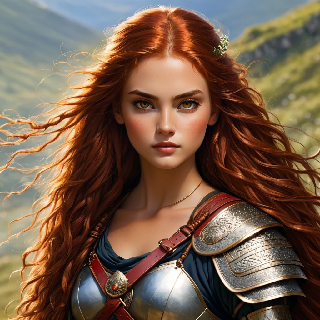 an image Nayane Laura Menequel XX weeks 13, a beautiful young woman with a friendly warrior appearance, detailed light honey eyes, long red hair, walking