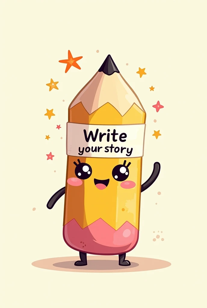 Create an animated kawaii pencil image without arms, for book separator That says "Write your story" inside the same pencil in Spanish 
