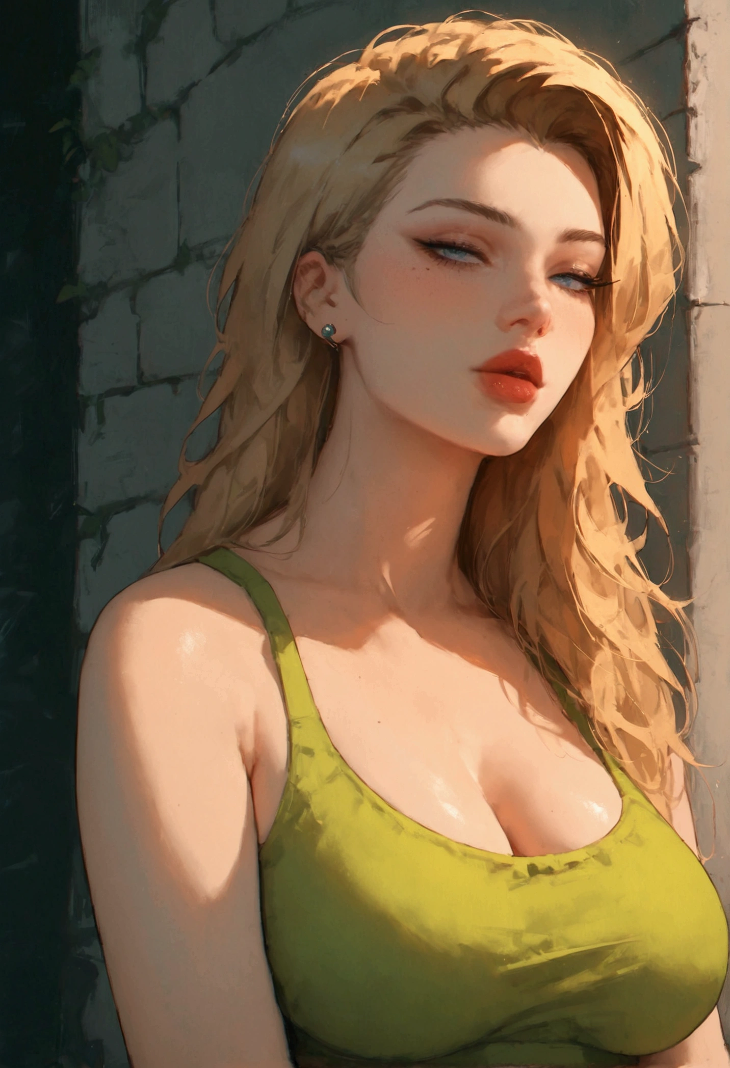 score_9, score_8_up, score_7_up, highly detailed , highres, 1girl, solo, face focus , Luanne, Green crop top, blonde hair, red shorts Large breasts , sexy pose , showing off body , seductive expression , horny girl , sensual , volumetric light, ray tracing, cinematic shadows, backlighting, cinematic lighting , Outside, outdoors, closeup , close-up , close to viewer , Expressiveh , g0thicPXL, Split Lighting style , partially covered in shadow ,