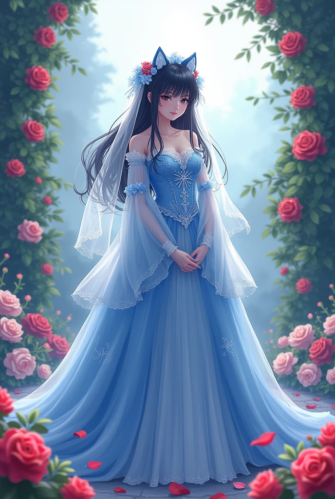 Reimu with a blue wedding dress and roses