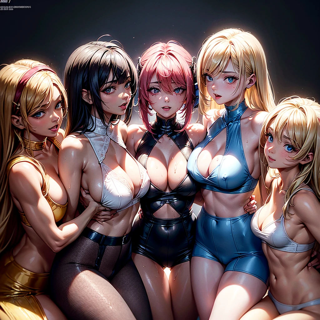 3girls, 3 Girls, GirlA, GirlB, Girl Next to Girl, Cowboy Shot, From Behind, Ass, Hugging, Posing, Happy Smile, Teeth, (Sitting), Stage, 4k, Masterpiece, Top Quality, High Resolution, Best Quality, Ridiculous, Highly Detailed, Breaking, GirlA, Young, Detailed Face, Succubus Girl Crop Three beautiful girls with healthy skin and visible muscles, kissing and licking each other, drool flowing from the corners of the mouth, staring , exaggerated blonde hair, sharp edges, provocative posture, breasts touching each other.   Clothes may accidentally unravel (come apart), become embedded (causing the garment to pull on the crotch), crop tops may rip, and tops may slip off (causing exposure).    The expression is fiery and defiant.  (Masterpiece, Best Quality: 1.2), Beauty, Pink Hair, Glossy Skin, Seductive Poses, Cleavage, Wet Skin, Breast Exposed, Large Breasts, Breast Exposed Detail, Healthy Skin, Ass Exposed, Skin Color Shorts and Underwear Exposed Removal Thick white fluid oozed from the side of the thigh.  (Runny cream cheese syrup, dripping stains) Amazing ass and spread legs.   Details: Spread your legs, lie down, M-shaped legs, your eyes are super beautiful and shining during orgasm, and your big breasts reveal your cleavage.   Detailed nipples.    navel, light pink, muscular, legs spread, juicy, wet, seductive, big breasts, cleavage exposed, navel, dark brown skin, blonde, long straight hair, schoolgirl cut, cosplay, late night, wet, out Sweaty Armpits, (Tanned Face): 1.6), 8K, Gorgeous Lips, (Masterpiece), (Highest (Best Quality), (Super Detailed), ((Sexy; 1.5)) Very Beautiful, Illustrations, Perfect composition, intricate details, extremely detailed faces, (Animation, Masterpiece, Complex: 1.3), (Best Quality, Featured Textures, High Detail: 1.2), (4k), (Extreme Detail: 1.4) Moody Light