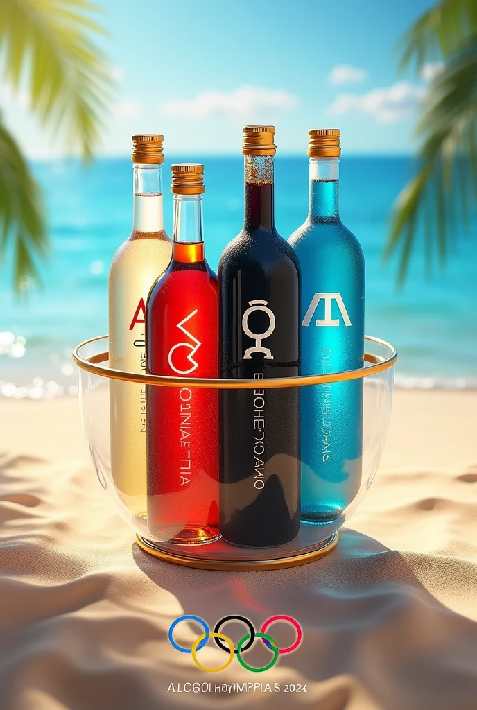 Make me a picture for a competition called “ALCOHOLYMPICS 2024”. Have the Alpha sign on a bottle of white alcohol, of beta in a red bottle, Omega in a black bottle and gamma in a blue bottle inside a gold glass, that the beach can be seen in the background and that it says ALCOHOLIMPIADAS 2024 below with the sign of the Olympic games