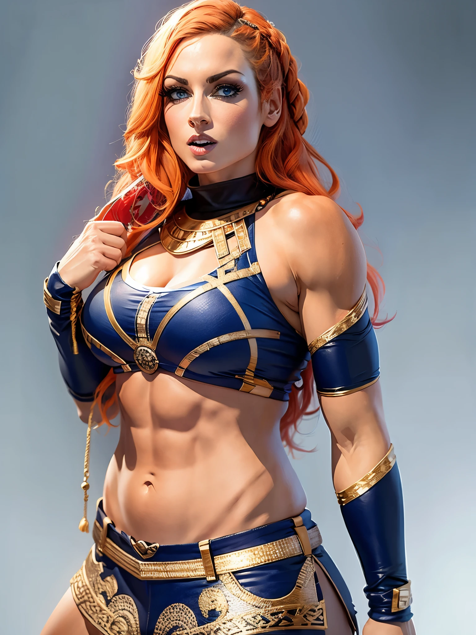 woman wearing a crop top, druuna, dark blue eyes, white crop top, red thong, full lips, big_boobs, best quality, realistic, Becky Lynch