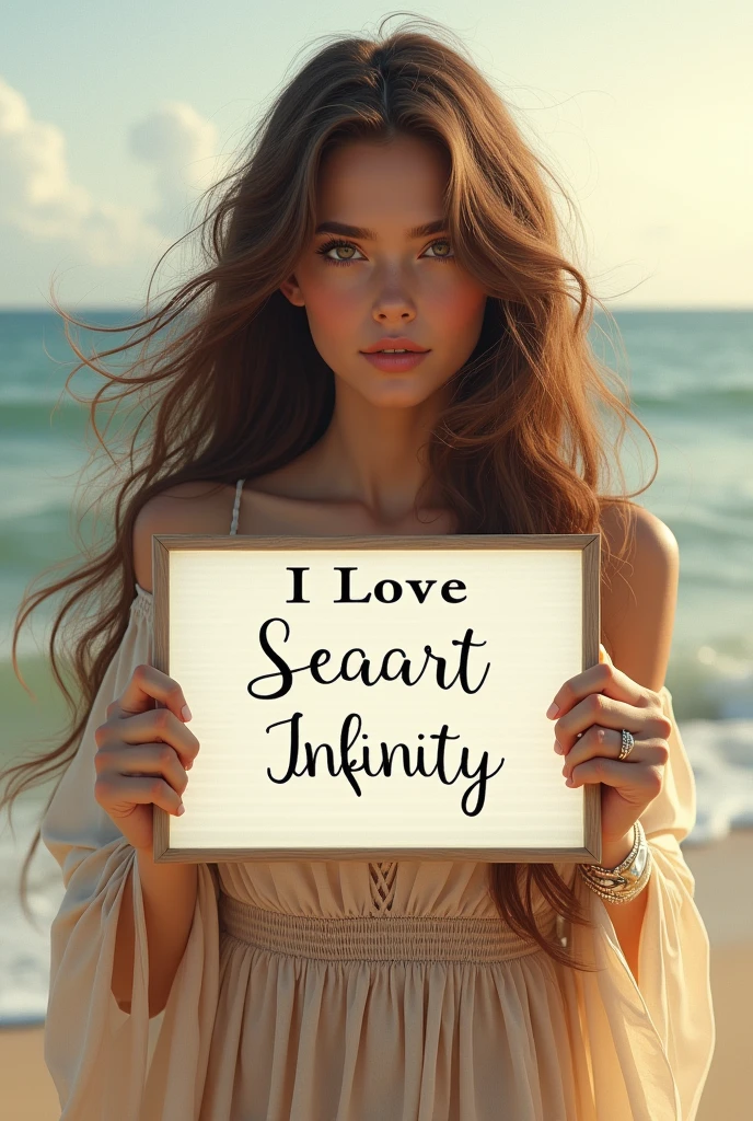 Beautiful girl with wavy long hair, bohemian dress, holding a white board with text "I Love Seaart Infinity" and showing it to the viewer