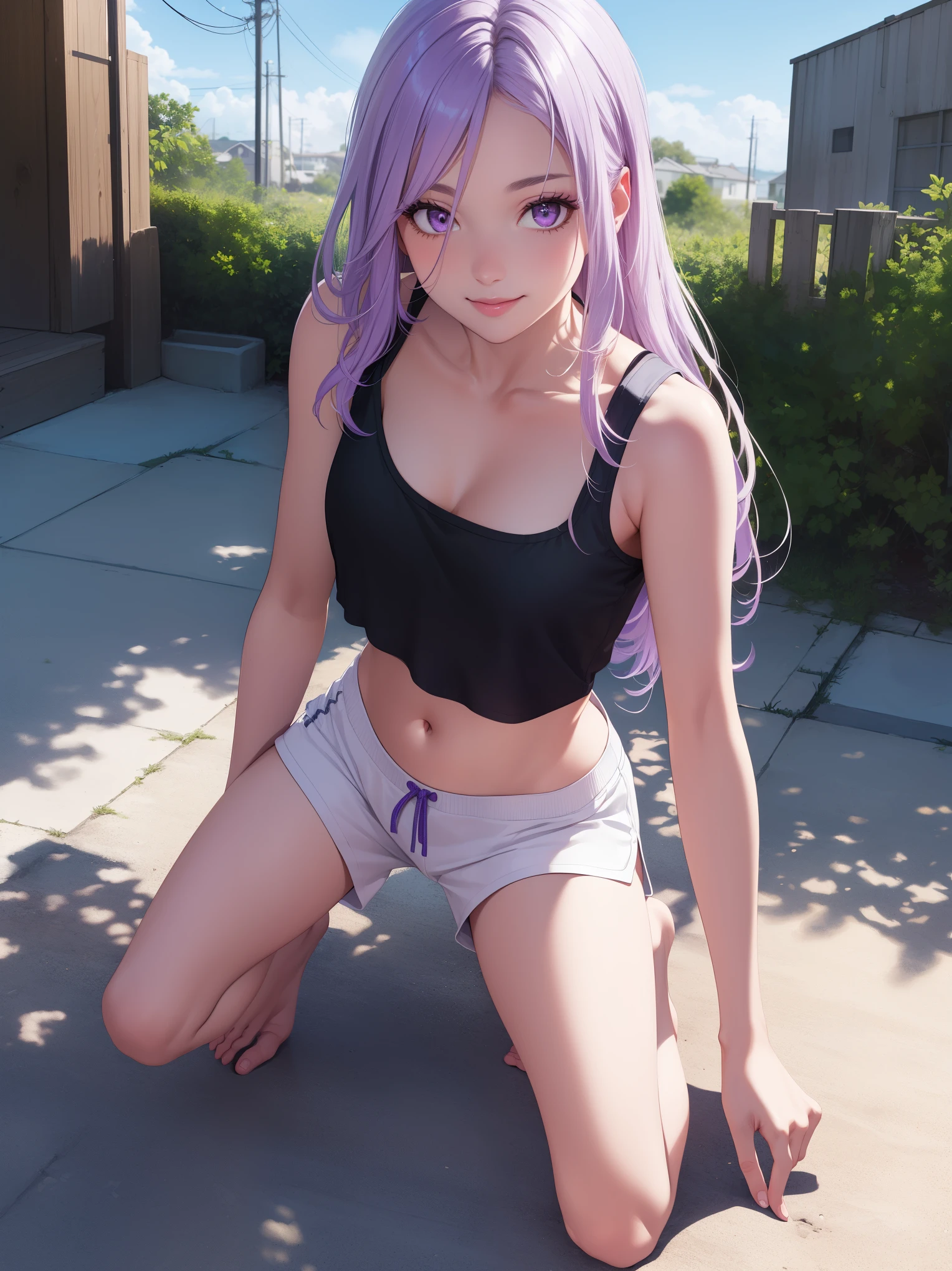 (extremely detailed CG unity 8k wallpaper),(masterpiece),(best quality),(ultra-detailed),(best illustration),(best shadow),1girl, solo, purple eyes, looking at viewer, long hair, closed mouth, purple hair, bangs, outdoors, sidelocks, pale skin, no pupils, pretty, full body, wearing a white cropped t-shirt, black shorts, small breasts, 34 years old, adult, smiling, hair down, mature, athletic shorts, crop top, detailed eyes, perfect eyelashes, perfect hands