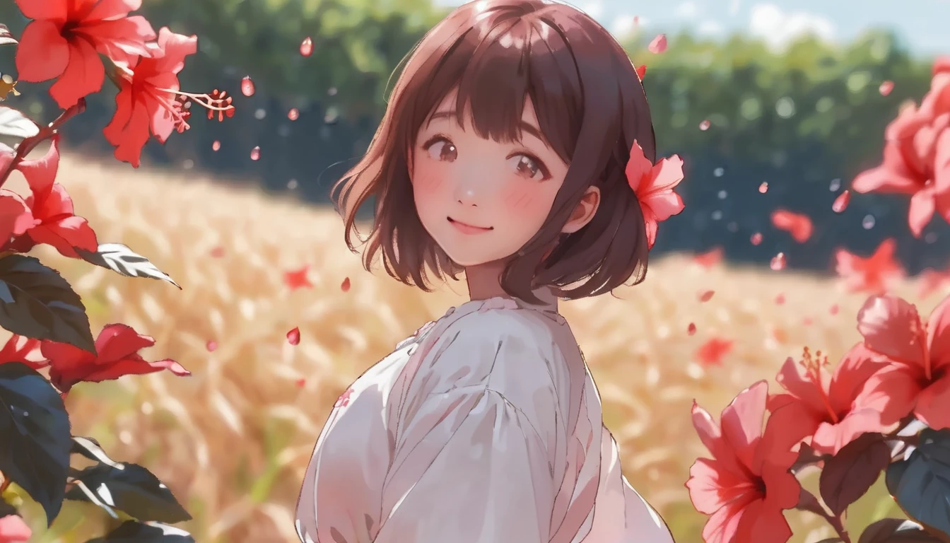 photoRealstic、Stand in front of the photo、laugh face、Water droplets on the cheeks、kawaii pose、spreading arms widely、Flowing Red Silk、bustup、Hibiscus petals、Blurring、brown haired、blue-sky、depth of fields、season!!: 夏☀ 🍂 ハイビスカス