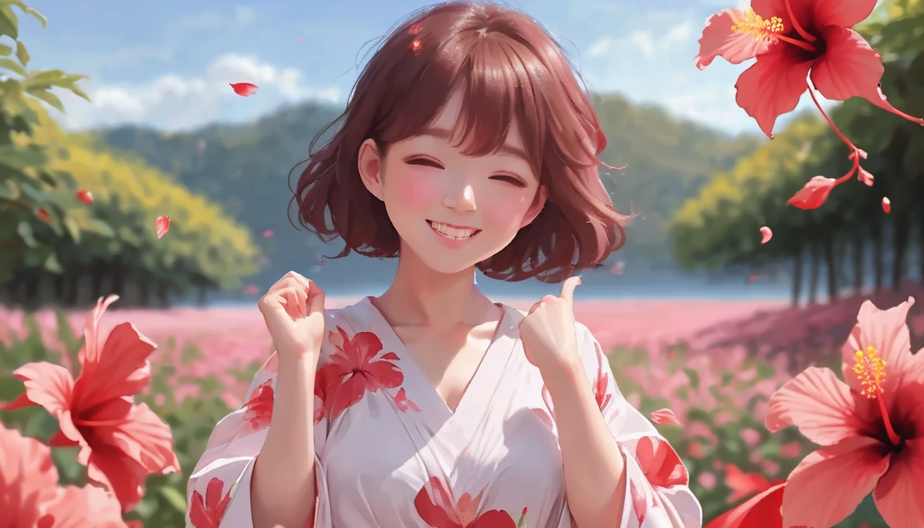 photoRealstic、Stand in front of the photo、laugh face、Water droplets on the cheeks、kawaii pose、spreading arms widely、Flowing Red Silk、bustup、Hibiscus petals、Blurring、brown haired、blue-sky、depth of fields、season!!: 夏☀ 🍂 ハイビスカス