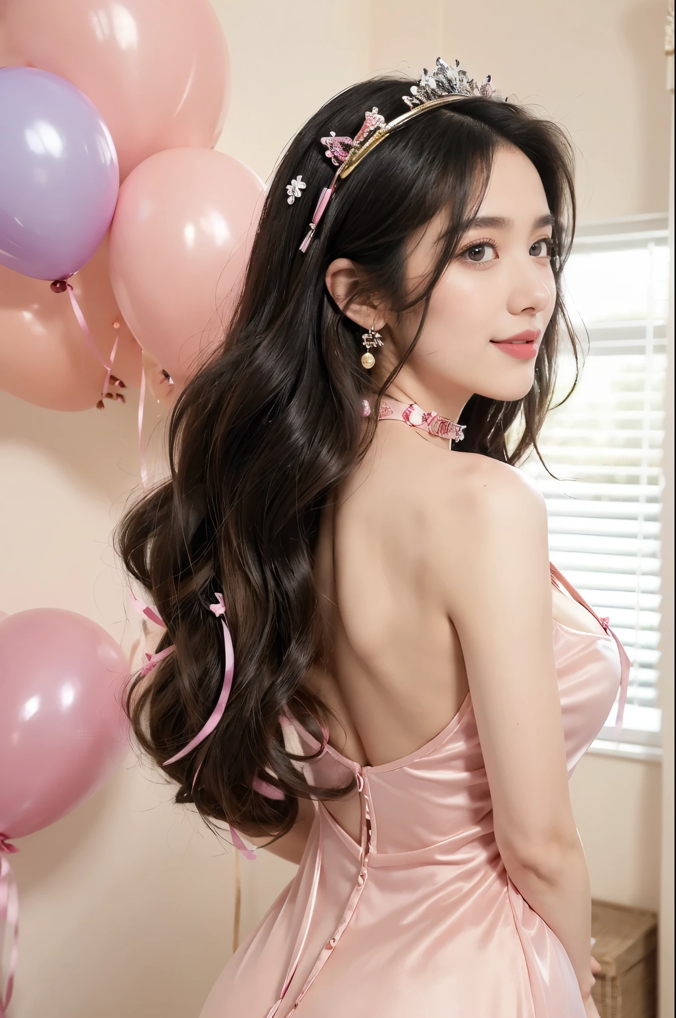 (((best quality))),(((ultra detailed))),(((masterpiece))),illustration,((1girl,solo)),(shoulder-length straight bob:1.2),(black hair:1.3),((bright eyes,flawless skin)),((slim,thin)),((bare back,towering hips,butt crack)),(dog collar with a bell:1.2),(pink sheer dress:1.3),innocent yet alluring,(In a pink princess theme bedroom:1.3),(standing:1.3),(colorful gift box:1.3),wonderful expression,big bows,festive atmosphere,balloons and streamers,sunlight streaming in,radiant smile,anticipation,joy and excitement,capturing a moment of pure happiness,((from back,upper body))