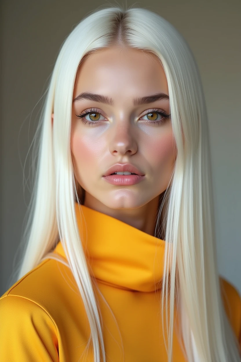 A beautiful model with very long straight snow-white hair, brown eyes, and flawless golden complexion. Her face is softly oval-shaped, exuding ethereal beauty. Her clothes are vibrant and brightly coloured.