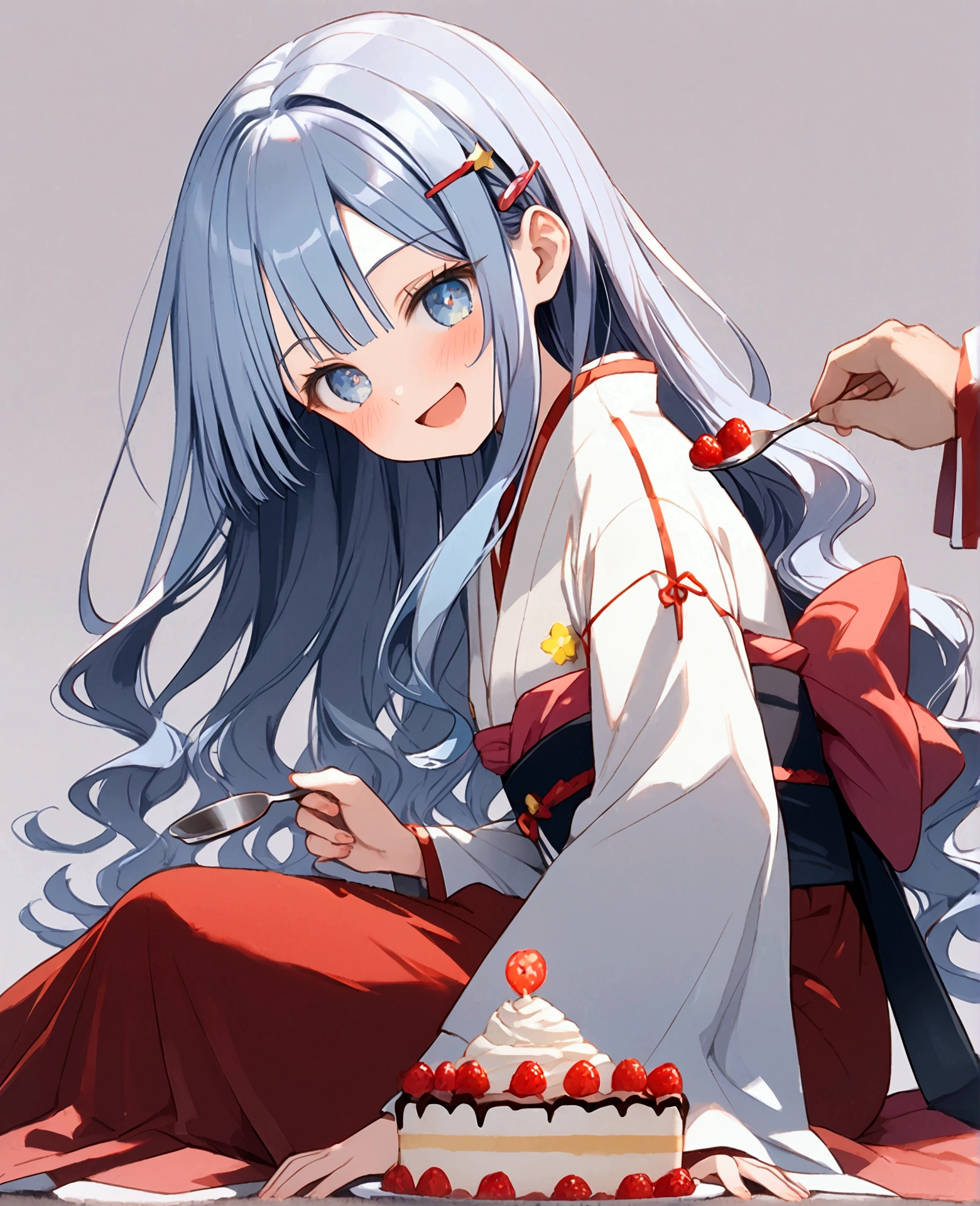 A conceptual art young woman with light blue hair, star-shaped hair clip, long hair. Her hair is long and straight, with playful, expressive strands that add movement and dynamism to the piece, feeding her viewers with a spoonful of cake, look at viewers. Her eyes are wide and sparkling, with detailed pupils that reflect the joy and excitement of her birthday. The blush on her cheeks is a soft pink, revealing her happiness and slight embarrassment at being the center of attention. She's holding a spoon with a pice cake, her excitement almost palpable. adhering to a high-quality Anime style, kimono, from the side. The piece should be in Ultra High Definition, with a resolution of 8K, making it a true masterpiece. Pay attention to anatomical correct(2), ensuring that the character's pose and proportions are accurate and believable. The skin should be textured, with high details that give a sense of realism to the Anime style. The final artwork should be of the best quality and extremely high-re, pov, anime, anime style, social media composition, UHD, masterpiece, accurate, anatomically correct, textured skin, super detail, high details, high quality, award winning, best quality, highres, 8k, smile, happines, emossion, exited, laugh, art sheet, conceptual art, multiple angle, 17 year old, teen