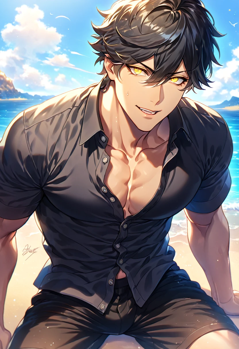 absurdres, highres, ultra detailed, HDR, master piece, best quality, detailed eyes, extremely detailed, delicated features, Ozymandias, black hair, expressive yellow eyes, Fate Grand Order, solo, sexy man, handsome, manly man, sensual, black shirt, unbuttoned shirt, black shorts,fantasy, sea, beach, blue sky