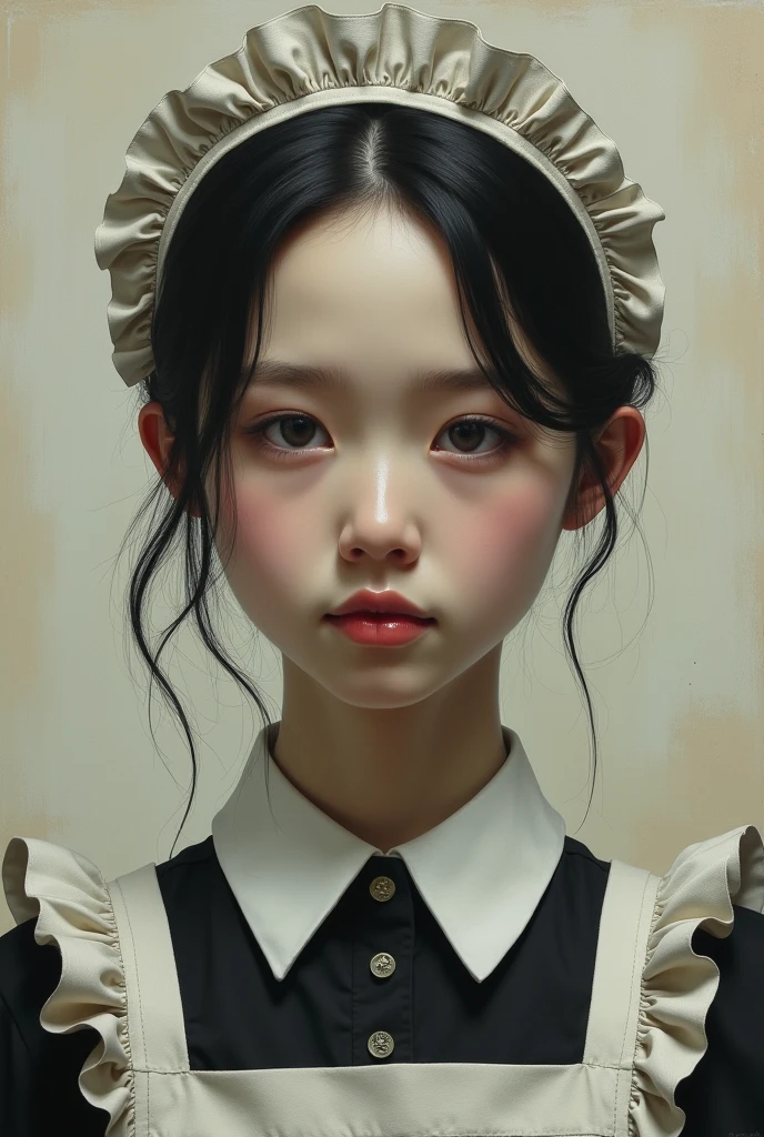 [Core Concept] A masterpiece, a work of the highest quality, depicting a young woman with a vacant, listless expression.

[Character Description] The woman is portrayed as a maid, with a faint, artificial smile upon her lips that fails to reach her hollow, listless eyes.

[Environment/Background] The setting is unclear, with the focus solely on the woman's visage against a nondescript, neutral backdrop.

[Style and Atmosphere] The artwork conveys a sense of melancholy and disconnection, with the woman's emotionless demeanor creating a palpable air of unease.

[Composition] The composition is centered on the woman's face, drawing the viewer's attention to her vacant, unemotional expression.

[Details and Embellishments] The maid's uniform, while meticulously rendered, serves to accentuate the woman's detached, almost robotic demeanor.

[Technical Specifications] The artwork is a high-quality, masterful depiction, capturing the nuances of the subject's expression and the underlying mood with great skill and precision.