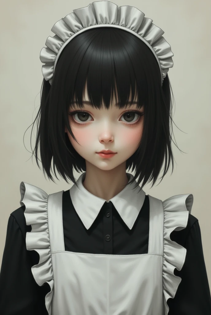 [Core Concept] A masterpiece, a work of the highest quality, depicting a young woman with a vacant, listless expression.

[Character Description] The woman is portrayed as a maid, with a faint, artificial smile upon her lips that fails to reach her hollow, listless eyes.

[Environment/Background] The setting is unclear, with the focus solely on the woman's visage against a nondescript, neutral backdrop.

[Style and Atmosphere] The artwork conveys a sense of melancholy and disconnection, with the woman's emotionless demeanor creating a palpable air of unease.

[Composition] The composition is centered on the woman's face, drawing the viewer's attention to her vacant, unemotional expression.

[Details and Embellishments] The maid's uniform, while meticulously rendered, serves to accentuate the woman's detached, almost robotic demeanor.

[Technical Specifications] The artwork is a high-quality, masterful depiction, capturing the nuances of the subject's expression and the underlying mood with great skill and precision.