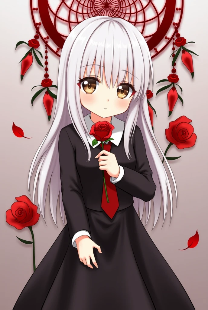 (best quality, masterpiece), (1girl, solo, black dress, standing , looking at viewer, white hair, brown eyes, holding rose, closed mouth, upper body), (red dreamcatcher behind, red flower, )