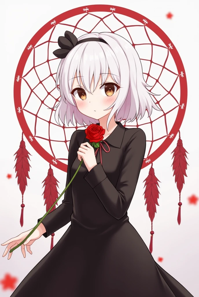 (best quality, masterpiece), (1girl, solo, black dress, standing , looking at viewer, white hair, brown eyes, holding rose, closed mouth, upper body), (red dreamcatcher behind, red flower, )