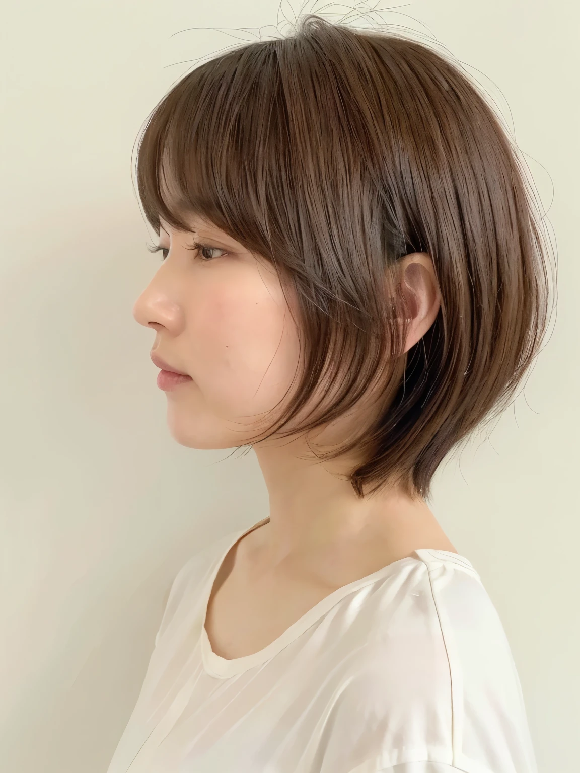 Short sleeve shirt、40A slightly overweight Japanese woman in her twenties、(White wall in the background、Close ~ eyes、Reddish hair color)、profile、Photographed in front of a white wall、Layered Cut、Very delicate hair、(In a room with white walls and windows)、((Highest quality、8k、masterpiece:1.3))、Ultra-high resolution、(photoGenuineistic:1.4)、RAW Photos、Japanese,(detailed aspects)、Genuine、Photographed in natural light、Highly detailed face and skin texture、Highly detailed lips、The correct state of the human body、Shortcuts、short hair、Various poses、Natural color lip