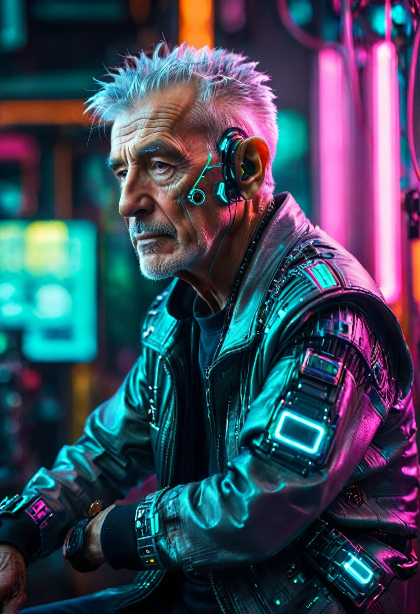 Ultra-Realistic Capture,18k,RAW Photos,Highest quality,masterpiece,reality,Very detailed,Sharp Photos,cyber punk,cyber punk,Soft lighting, Cinematic shots, Vibrant colors, Gorgeous colors, (1 person,Elderly men:1.2), wise,Gray Hair,Detailed Background, Detailed face,Mechanical Clothes,neon,Acrobatic Pose,