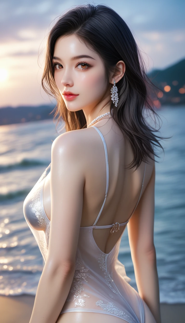 score_9, score_8_superior, score_7_superior, A masterpiece in 32K resolution,Highest quality,it is really amazing,Very detailed,Ultra-high resolution,Ultra-realistic,Realistic,Increased depth of field,Cinematic lighting,
Sexy Japanese Adult Women,
black straight medium hair,Ultra-detailed and beautiful face,Gentle expression,Translucent white skin,Realistic skin texture,
Elegant swimwear,
Bold design,Artistic design,Beautiful and detailed pattern,Detailed fabric texture,
Gorgeous necklace,Earrings,
Coastline at night,Giant Moon,Dark clouds floating in the dark night sky,
Cinematic Angle,Beautiful back view,