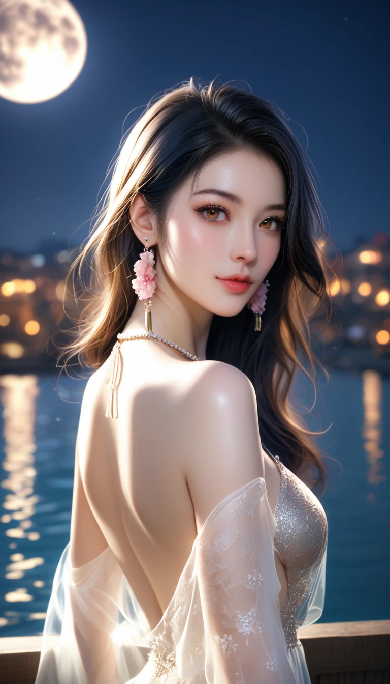 score_9, score_8_superior, score_7_superior, A masterpiece in 32K resolution,Highest quality,it is really amazing,Very detailed,Ultra-high resolution,Ultra-realistic,Realistic,Increased depth of field,Cinematic lighting,
Sexy Japanese Adult Women,
black straight medium hair,Ultra-detailed and beautiful face,Gentle expression,Translucent white skin,Realistic skin texture,
Elegant swimwear,
Bold design,Artistic design,Beautiful and detailed pattern,Detailed fabric texture,
Gorgeous necklace,Earrings,
Coastline at night,Giant Moon,Dark clouds floating in the dark night sky,
Cinematic Angle,Beautiful back view,