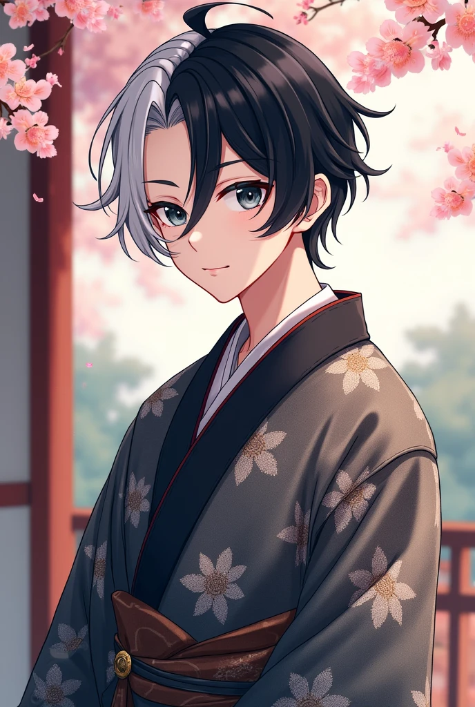 Kenja ashura handsome elegant boy with short black and white hair kimono chuya styles white eye color with black shoes cheerful and elegant personality and very good