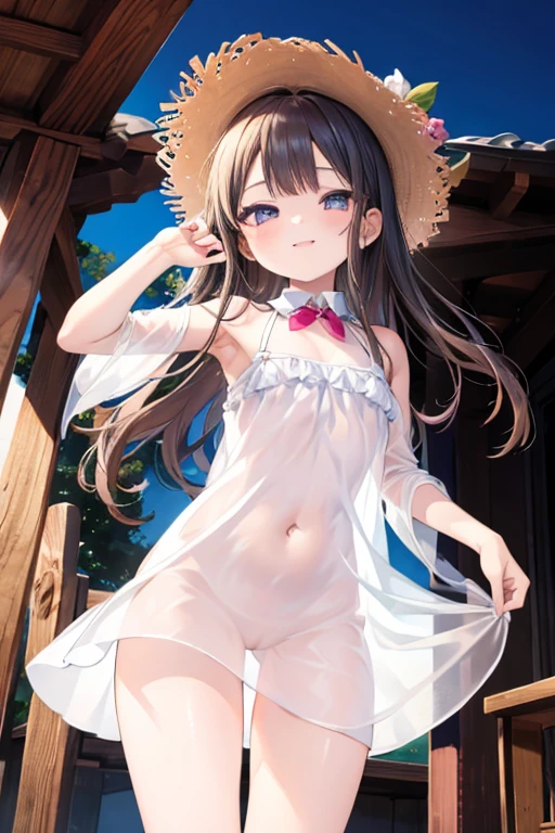 (masterpiece), Highest quality, One Girl, , pretty girl, Flat Chest, Black Hair, Very long hair, She is looking towards the viewer, She is wearing a bright red leather collar.,
She is wearing a white mini dress, Pure white clothes, Clothes without collars, The dress is sleeveless, exposing her bare shoulders and collarbones., The material of her clothes is very thin, The dress is see-through, The naked body is clearly visible, Her nipples are pressed against the fabric of her dress, Erect nipples, Nipples are visible,
Not wearing a skirt, Not wearing a bra, Not wearing panties, The hem of the dress is very short, The lower half is naked, She is exposing her waist, her belly button is visible, her pussy is visible, She purposely shows off her pussy, I can see the crotch lines, she has no pubic hair,
She stands with her legs spread, Open your knees, Wearing a straw hat, She is barefoot and wearing sandals,
Very shy, blush,
She is walking around the city, Standing in a crowd, Handbags,