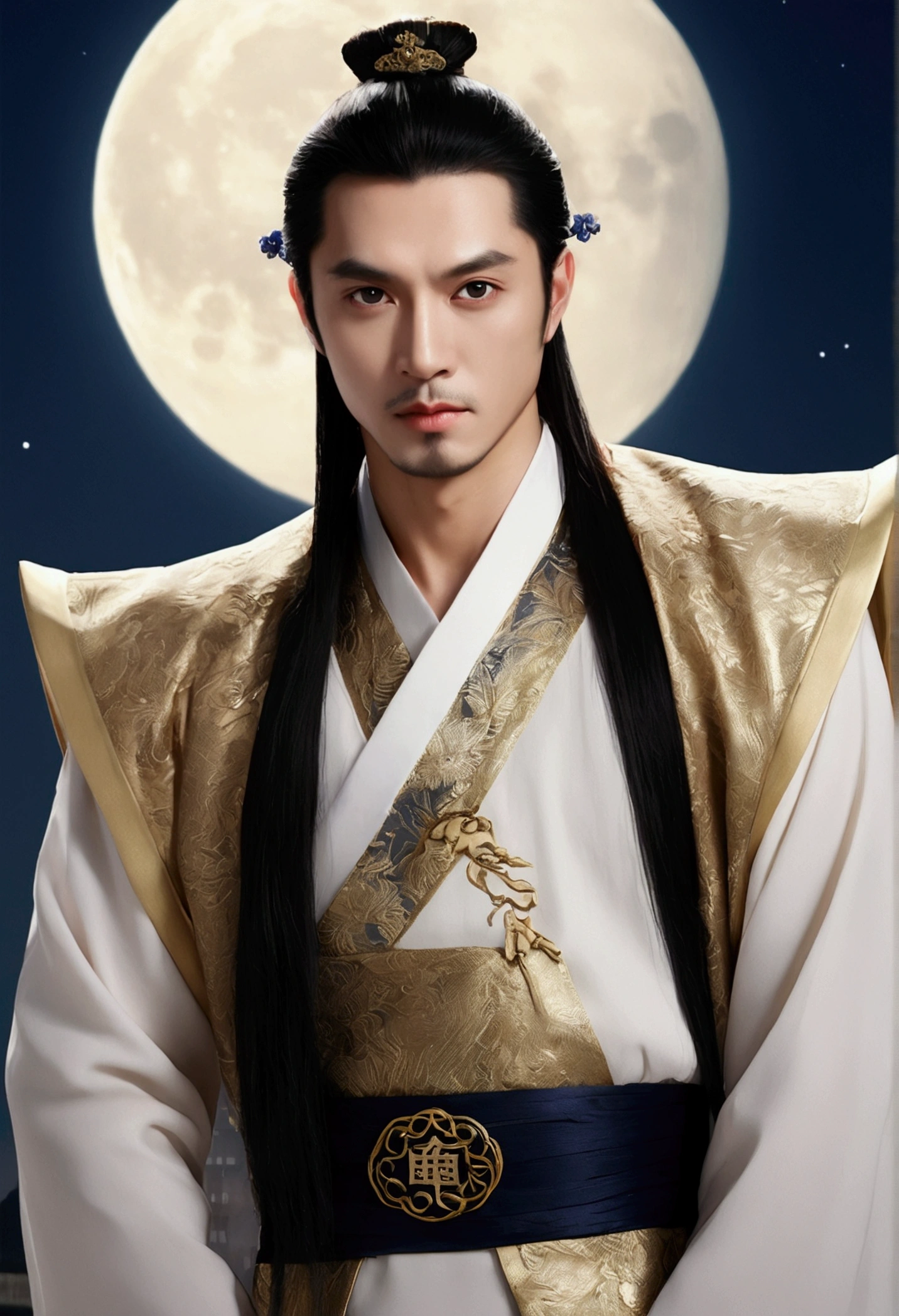 masterpiece, Highest quality, night, full moon, 1 person, Mature Men, ancient China, Chinese Palace, eagle, Black Hair, Iris, Split ends, Long Hair, Long Bangs, good looking, Diao noodles, Chinese crown, good looking, Masculine, Severe, kind, expensive, Calm, Alternating white and blue clothing, Dark gold pattern, Bamboo leaf pattern, prince, Sword Combination, ~ side, Facial details, The face is delicate