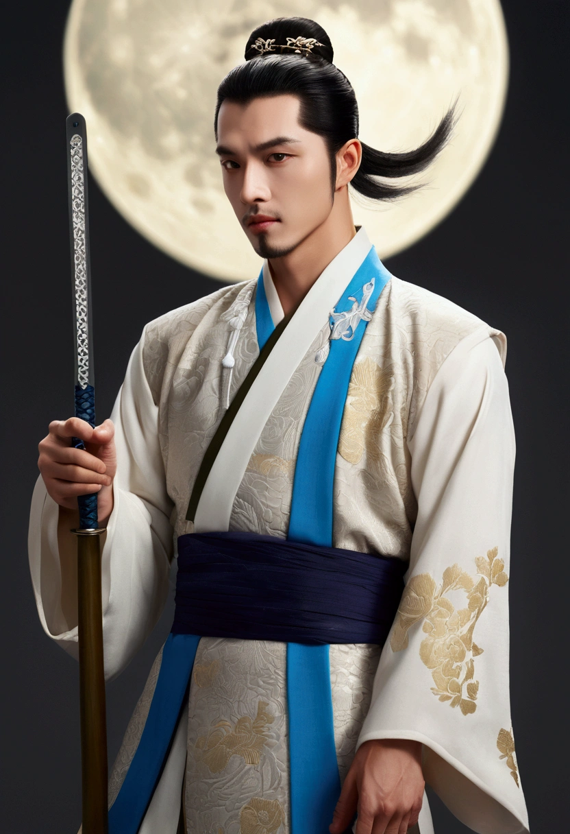 masterpiece, Highest quality, night, full moon, 1 person, Mature Men, ancient China, Chinese Palace, eagle, Black Hair, Iris, Split ends, Long Hair, Long Bangs, good looking, Diao noodles, Chinese crown, good looking, Masculine, Severe, kind, expensive, Calm, Alternating white and blue clothing, Dark gold pattern, Bamboo leaf pattern, prince, Sword Combination, ~ side, Facial details, The face is delicate