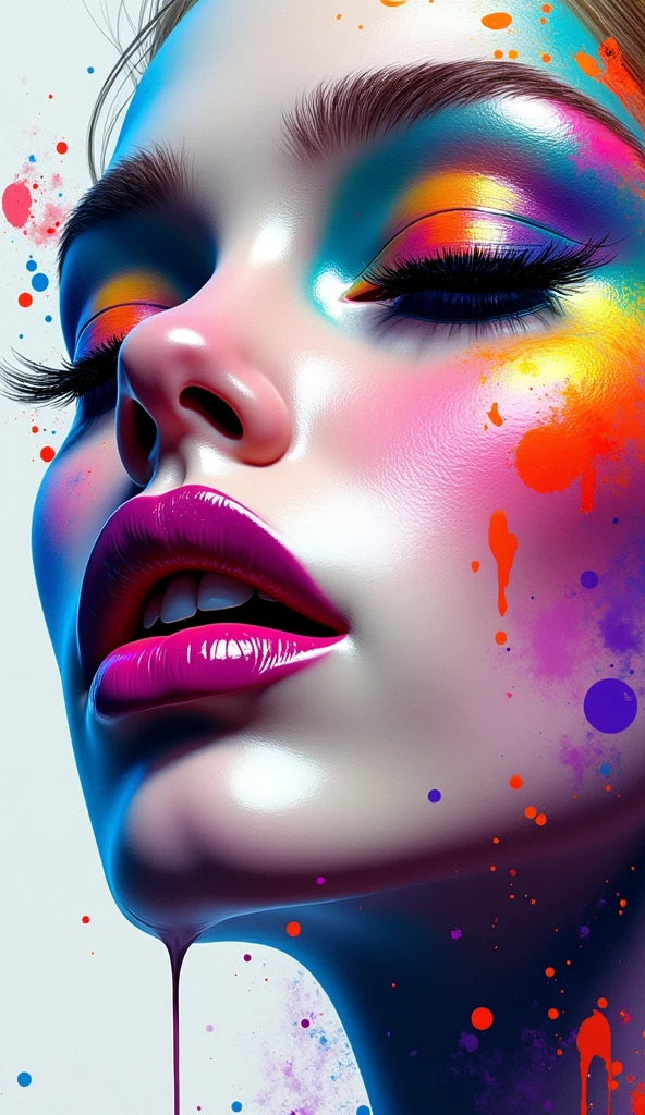 A mesmerizing and dynamic abstract painting that showcases a captivating face with an emphasis on vibrant lips and part of the cheek. The face is masterfully rendered in a dazzling array of colors, such as blues, pinks, yellows, and greens, resulting in a splashy and expressive effect. The brushstrokes appear to blend and splatter around the face, conveying a strong sense of emotion and energy. The deep purple lips stand out against the bold and contrasting color palette, while the movement of the brushstrokes creates a sense of artistic freedom and creativity. This stunning composition is a testament to the artist's ability to push boundaries and celebrate the limitless potential of artistic expression., illustration, vibrant, 3d render, painting