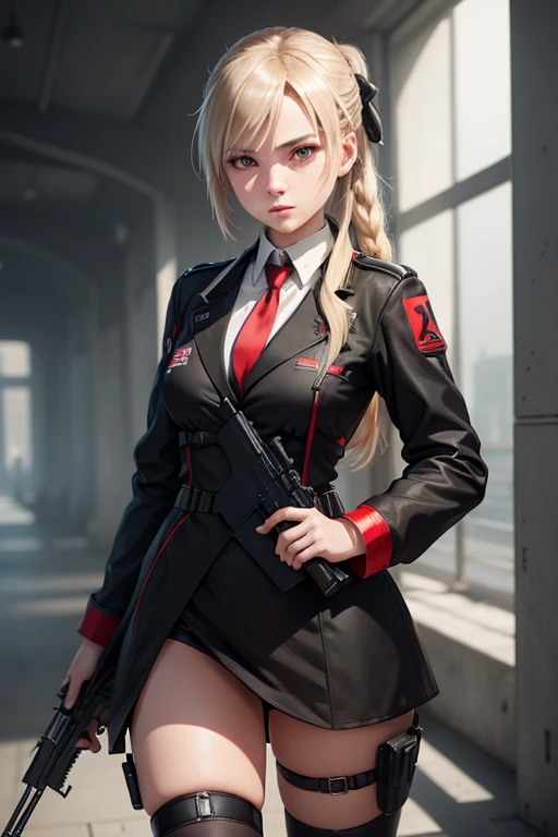 Me female as MP40 Girls Frontline with an MP40 with black suit and black necktie with a red armband