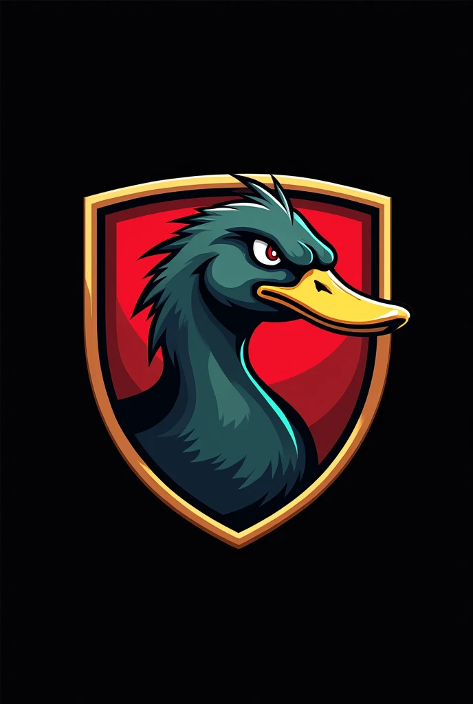 Make a logo of an angry duck in profile inside a shield with a black background and the following written: duck estetica automotiva