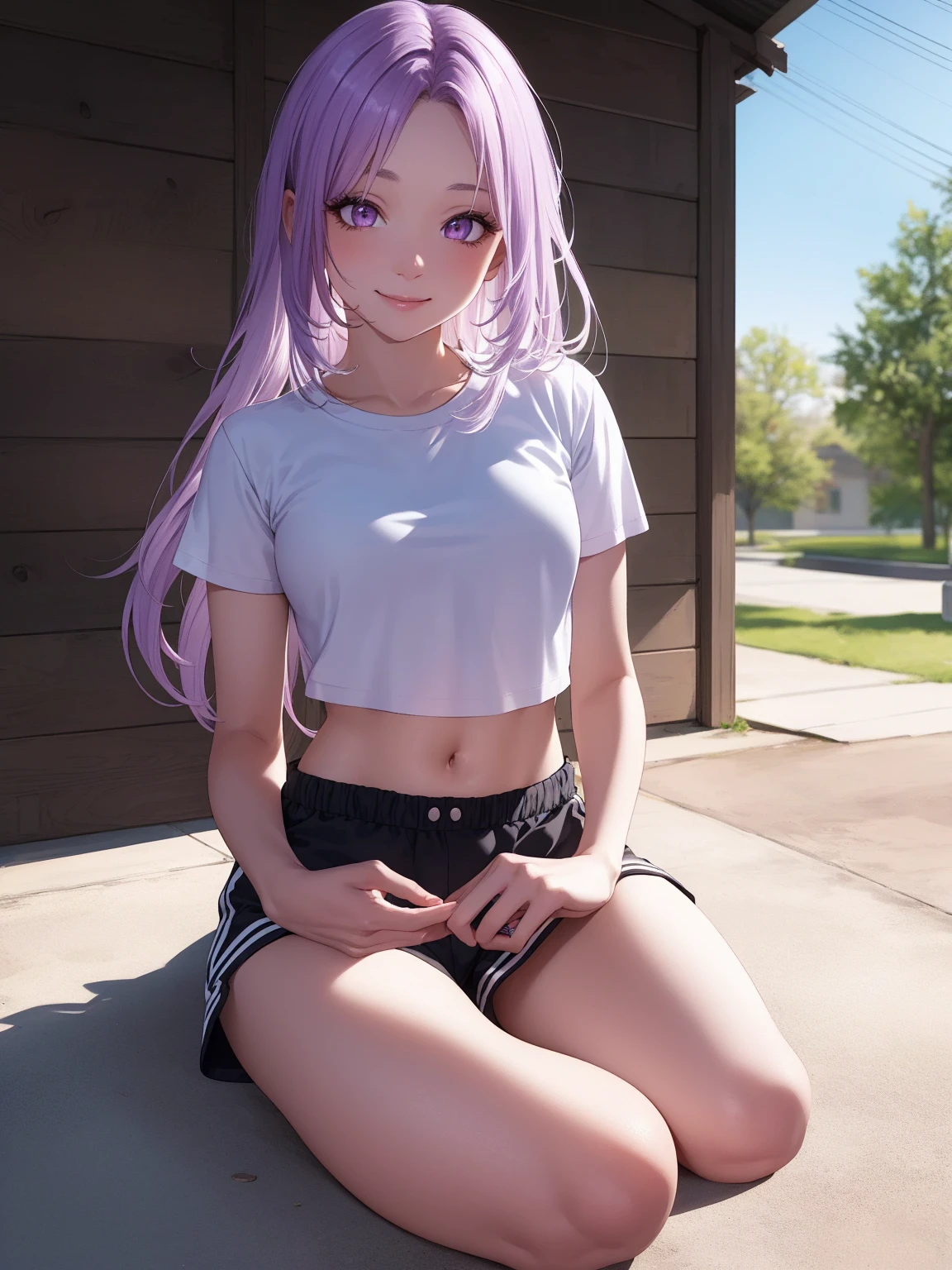 (extremely detailed CG unity 8k wallpaper),(masterpiece),(best quality),(ultra-detailed),(best illustration),(best shadow),1girl, solo, purple eyes, looking at viewer, long hair, closed mouth, purple hair, bangs, outdoors, sidelocks, pale skin, no pupils, pretty, full body, wearing a white cropped t-shirt, black shorts, small breasts, 34 years old, adult, smiling, hair down, mature, athletic shorts, crop top, detailed eyes, perfect eyelashes, perfect hands