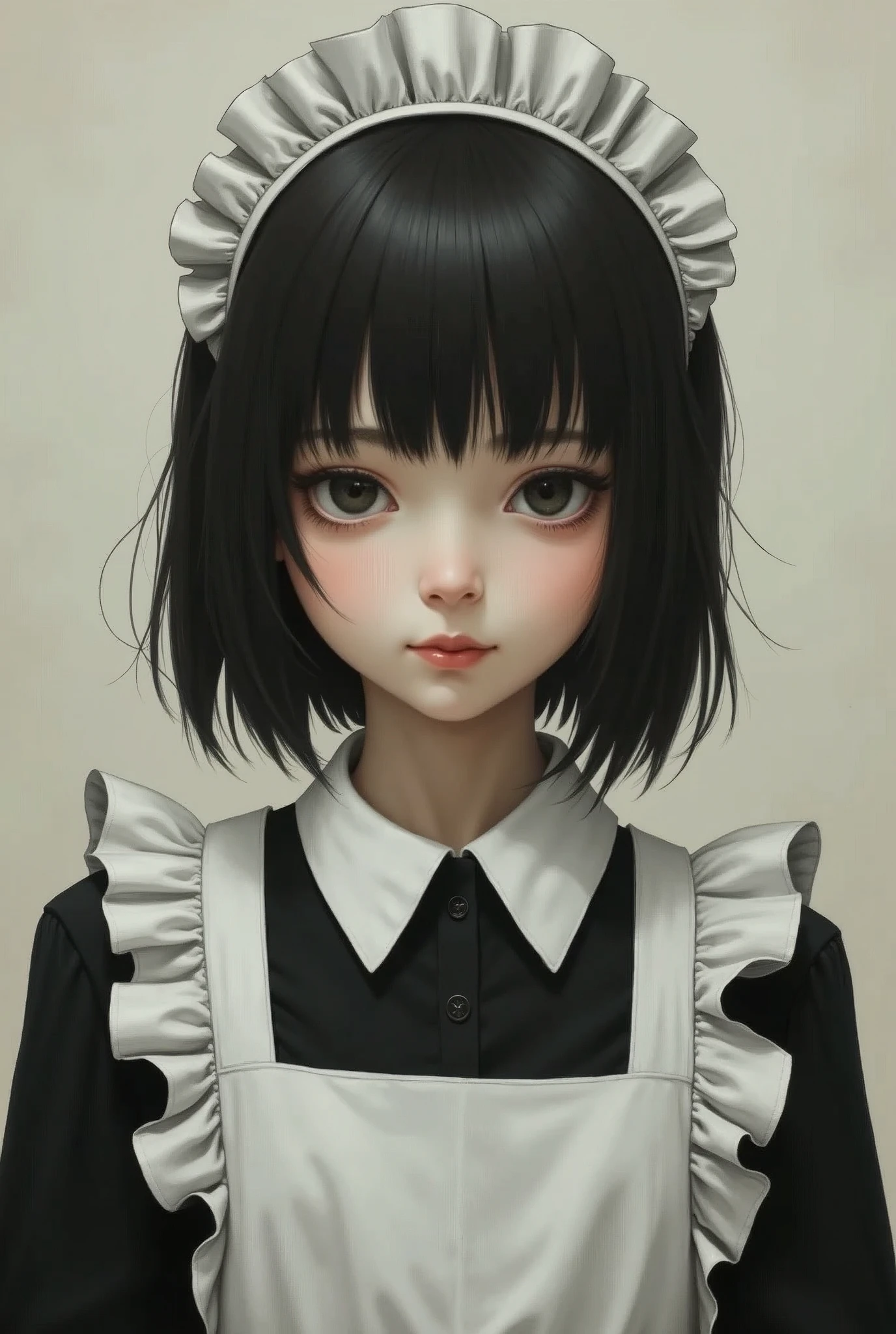 [Core Concept] A masterpiece, a work of the highest quality, depicting a young woman with a vacant, listless expression.

[Character Description] The woman is portrayed as a maid, with a faint, artificial smile upon her lips that fails to reach her hollow, listless eyes.

[Environment/Background] The setting is unclear, with the focus solely on the woman's visage against a nondescript, neutral backdrop.

[Style and Atmosphere] The artwork conveys a sense of melancholy and disconnection, with the woman's emotionless demeanor creating a palpable air of unease.

[Composition] The composition is centered on the woman's face, drawing the viewer's attention to her vacant, unemotional expression.

[Details and Embellishments] The maid's uniform, while meticulously rendered, serves to accentuate the woman's detached, almost robotic demeanor.

[Technical Specifications] The artwork is a high-quality, masterful depiction, capturing the nuances of the subject's expression and the underlying mood with great skill and precision.