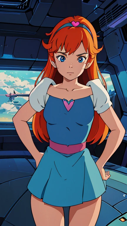 (Teens:1girl: Kimberly_SA), (extremely detailed CG unit 8k wallpaper),(master part), (best quality), (ultra detail), (best illustration),(Spaceship bridge), cowboy shot, (Sharp eyeliner, ombre, detailed eyes:1), break , (ghibli style), upper body, orange hair, short blue dress, shoulder pads, heart headband, blue eyes, shoulder pads,