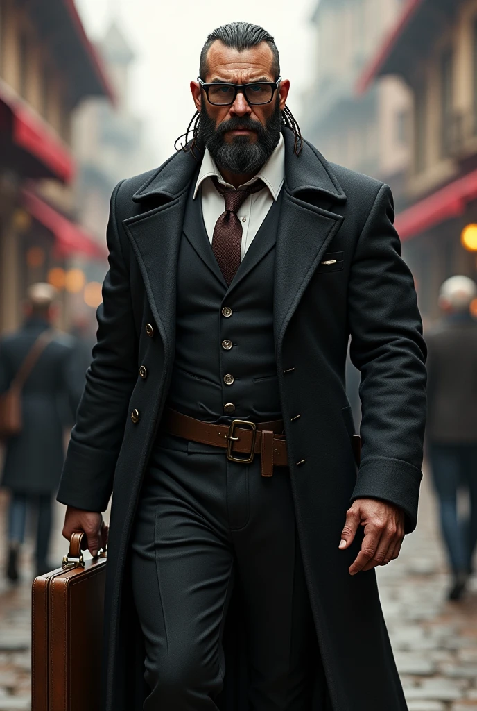 make an image of a half-orc with these characteristics: he is strong, he has a strong body, he wears a medieval suit with a black overcoat, he carries a briefcase, His hair is in male braids and he wears rectangular glasses.. Does not have a beard