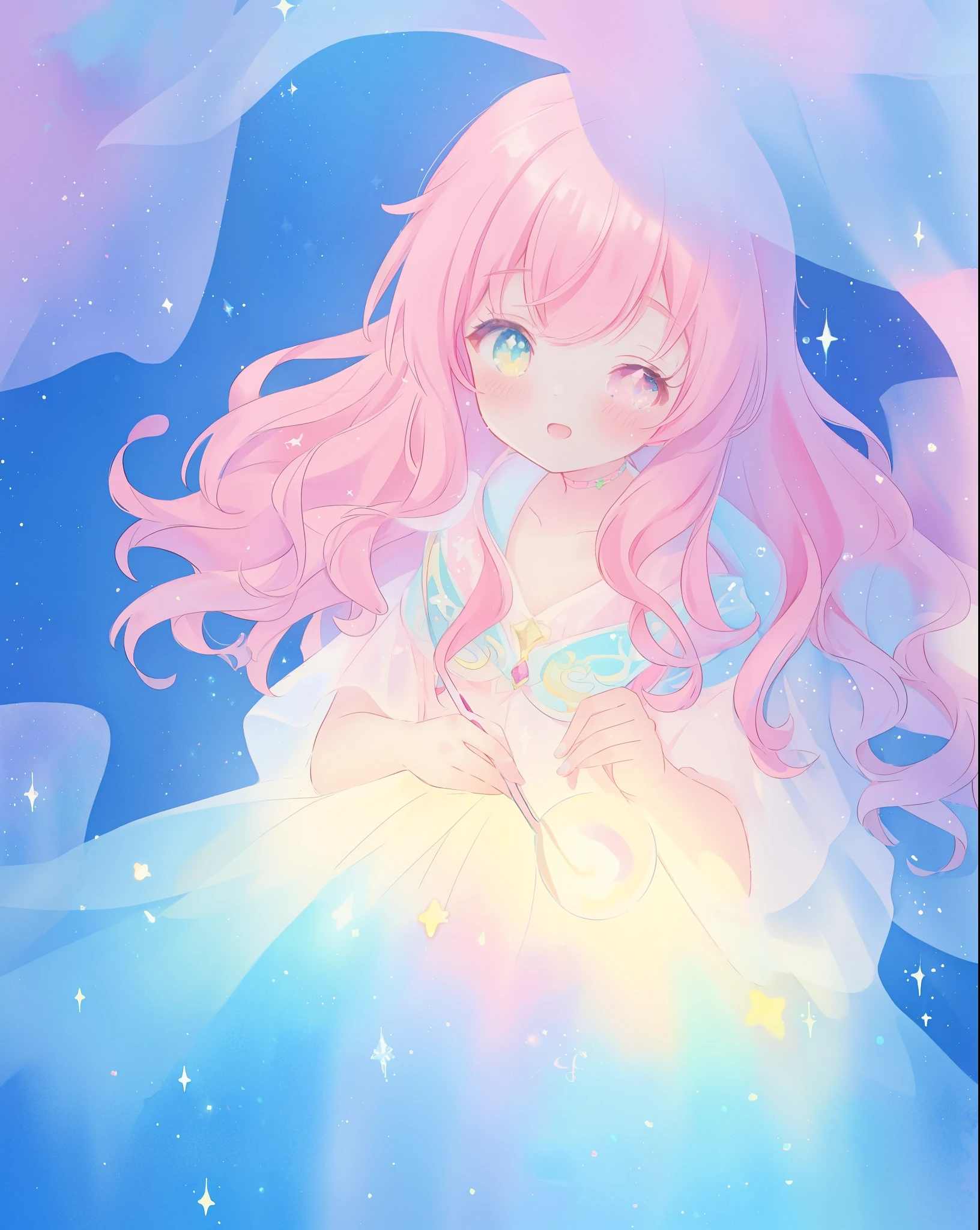 beautiful girl in sparkling gradient ballgown, long wavy peach pink hair, vibrant pastel colors, (colorful), colorful watercolor background, ethereal, magical lights, sparkling liquid light, disney art style, fantasia background, whimsical, fantasy, beautiful face, ((masterpiece, best quality)), intricate details, highly detailed, sharp focus, 8k resolution, liquid watercolor
