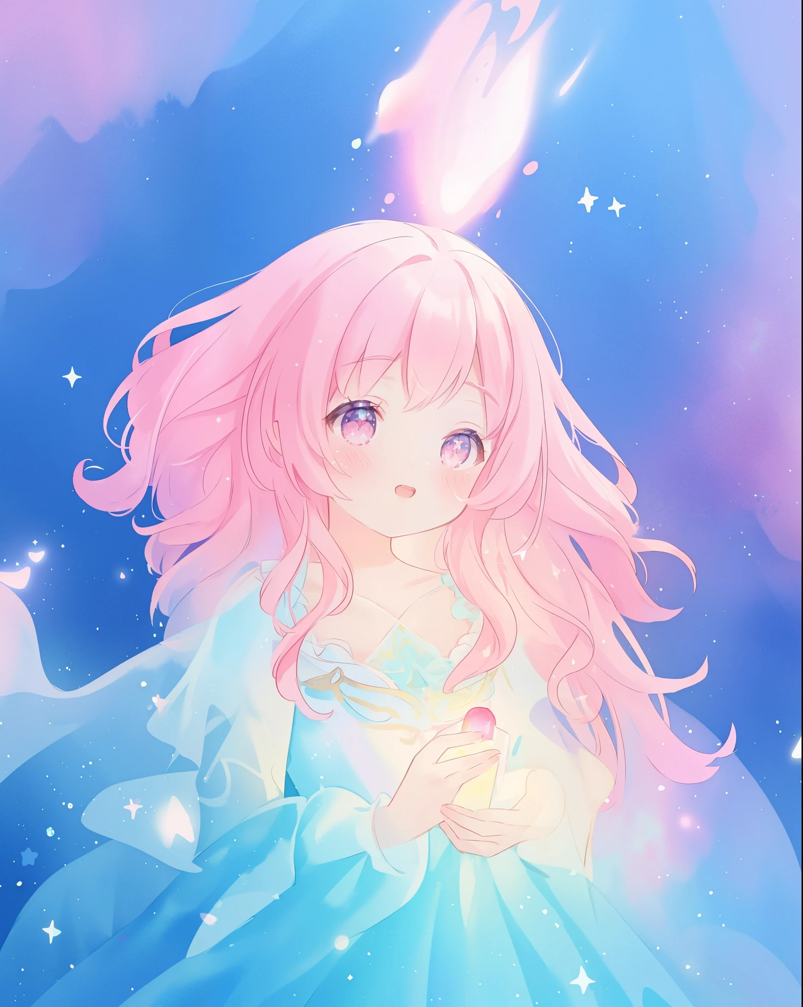 beautiful girl in sparkling gradient ballgown, long wavy peach pink hair, vibrant pastel colors, (colorful), colorful watercolor background, ethereal, magical lights, sparkling liquid light, disney art style, fantasia background, whimsical, fantasy, beautiful face, ((masterpiece, best quality)), intricate details, highly detailed, sharp focus, 8k resolution, liquid watercolor