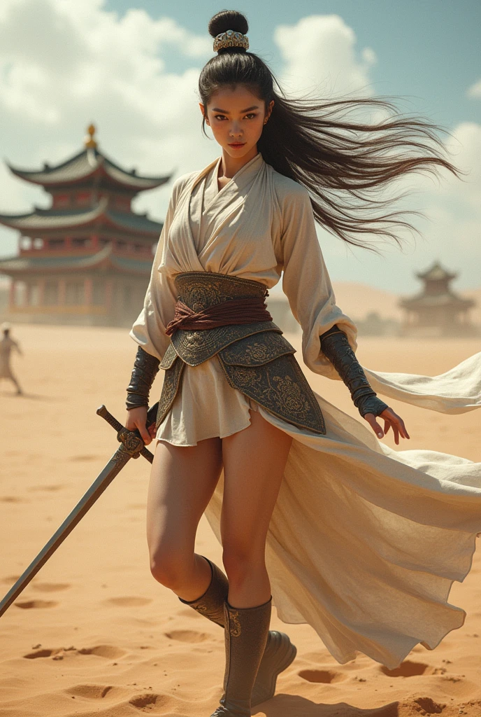 (masterpiece), full hd, best quality, 1 girl, solo, , beautiful, shapely, innocent, Pure, delicate, Proportional body, perfect body figure, cold face, long hair flying in the wind, epic, myth, Shine, brilliant, Photos with depth, wind, (masterpiece), full hd, best quality, expressive eyes, perfect face, 1 girl, solo, Portrait of an ancient China female warrior wearing armor fighting fiercely in the desert, In the distance is an ancient China temple, long legs, curvy, big breasts