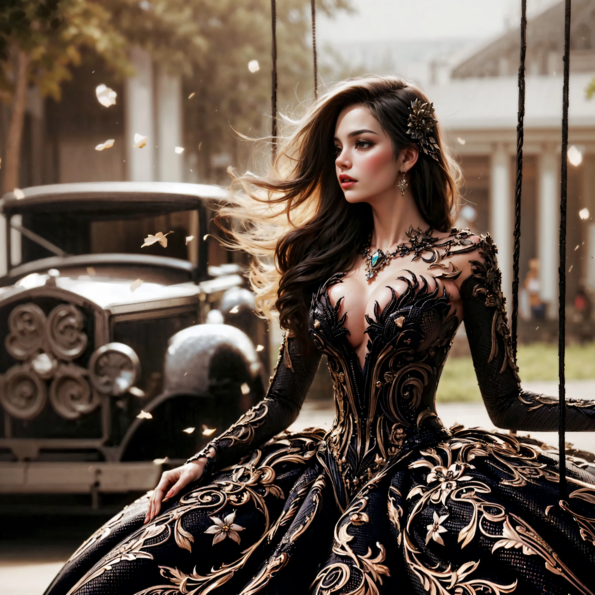 (Extreme HDR) (brightness FX) Photo of an asian woman gigantic Breast 'white skin' with long hair flowing in the wind, wearing a black batik patterned costume, a V-cut strapless corset style batik dress made of carbon patterned satin, a very narrow and stiff V-cut waist decorated with blue jewels, a luxurious long skirt, looks beautiful and stunning, very realistic and detailed, with a royal palace in the background, sitting on a swing, behind it is a black classic car. hyper realistic, hyper detail clothing, Detailed gemstones, masterpiece, best quality:1.2),,(8k,highres,RAW photo,realistic,photo-realistic:1.3),(detailed skin texture,detailed cloth texture, beautiful detailed face:1.25),professional lighting,photon mapping,beautiful soft light,radiosity,physically-based rendering,raytracing, model shoot style, model shoot style, (extremely detailed CG unity 8k wallpaper), full shot body photo of the most beautiful artwork in the world (NSFW), (Nude), (Naked), (carbon fiber corset) (green veiny breast) (steampunk corset) (glowing dress)