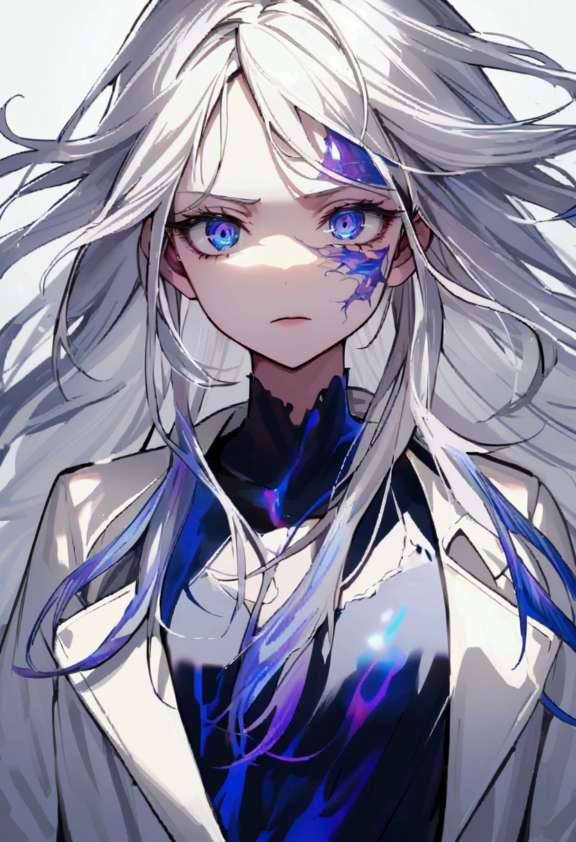 age girl, tidy hair, long hair, multicolored gray and white hair, eye white, face neutral, white tattoos on the body, ripped dark blue shirt, white overcoat, metallic aura