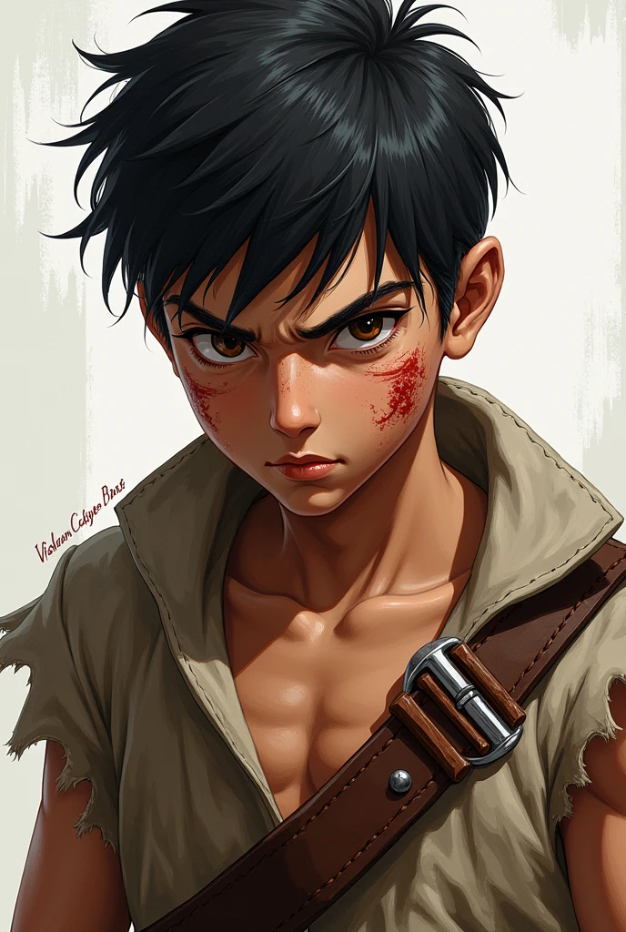 A young boy with short black hair, sharp look and some injuries on the face, a body with well-developed muscles