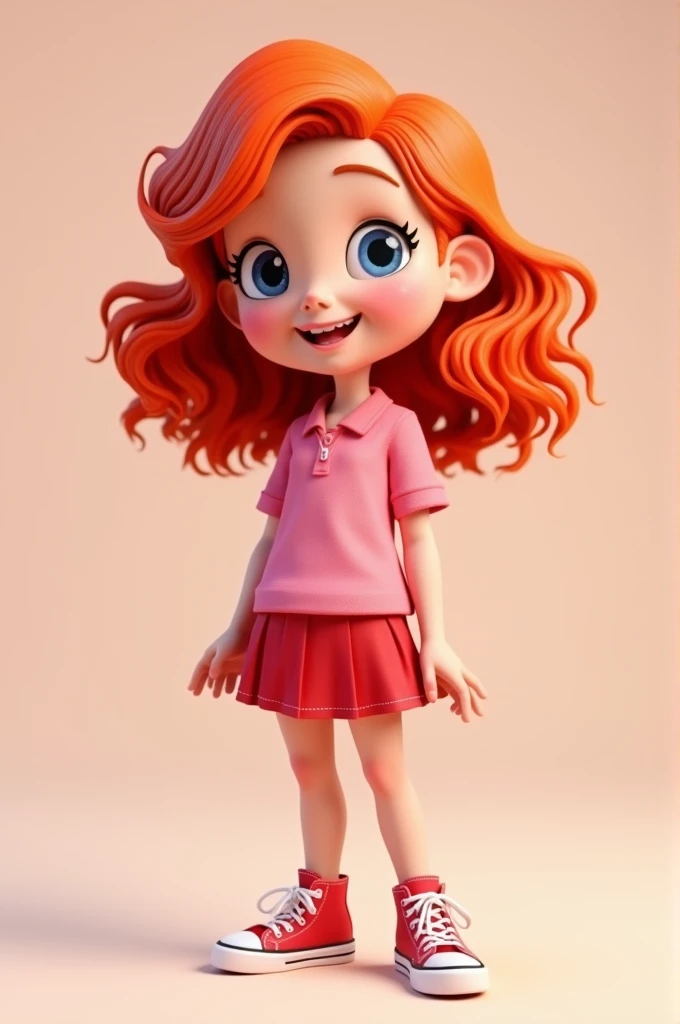 3d cartoon style character ,with vibrant, wavy red hair,eyes in love,Light pink skin,pink polo shirt,red skirt and red all star