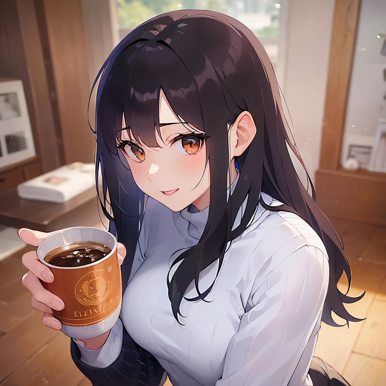 (looking at viewer:1.5)Upper Body, Drinking beer、
Realistic, real person, (pale skin: 1.2), RAW photo, photorealistic, shiny skin, shiny hair、
(A 25-year-old woman with medium-length hair and bangs) and (wavy hair) and (brown hair) and (orange eyes),
(White turtleneck long sleeve:1.5)、
(blush:1.5),(smile:1.3),drunk,open mouth,The background is the living room at night