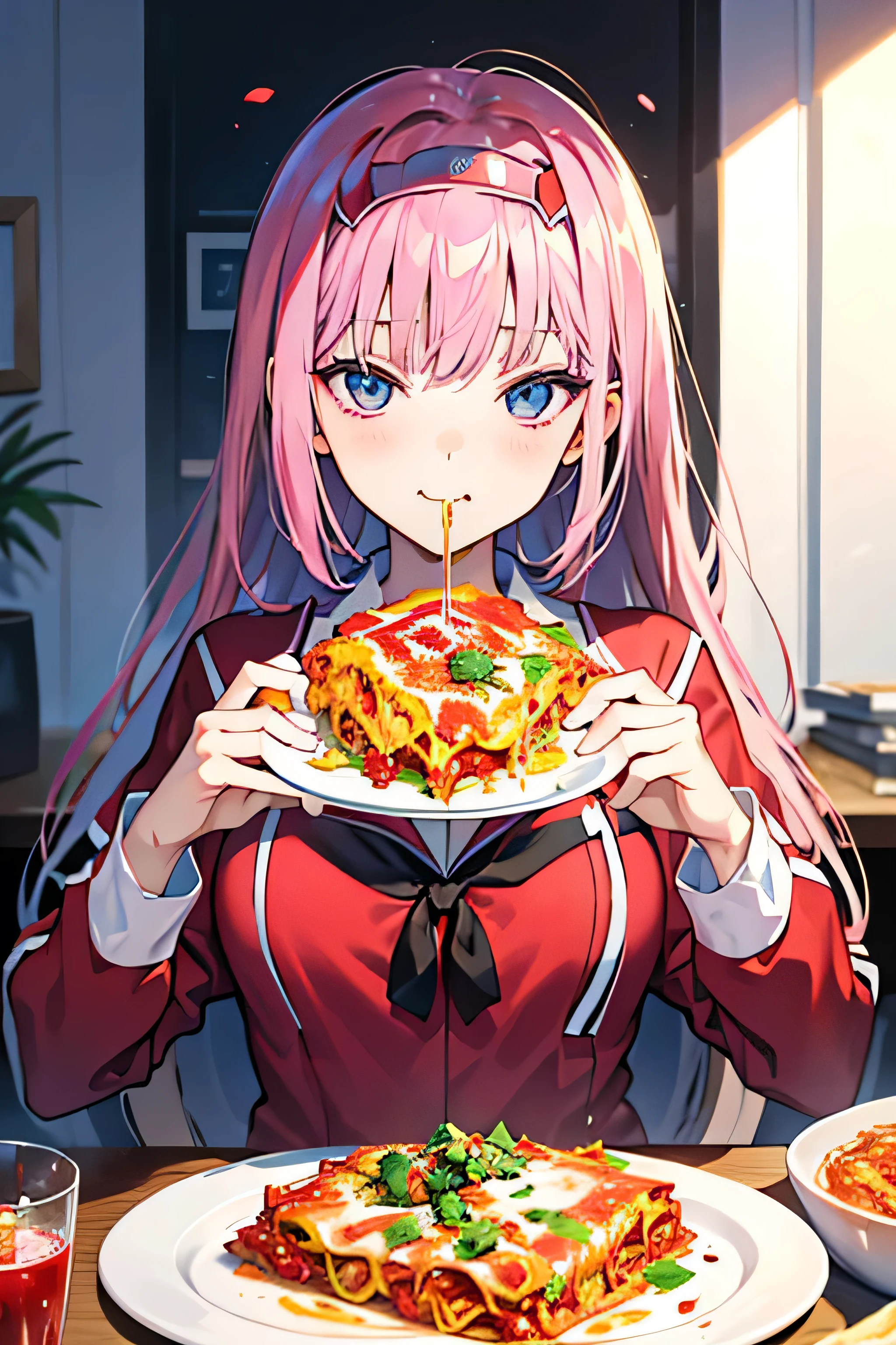 anime model, fly away, anime Darling in the Franx character Zero Two eating lasagna